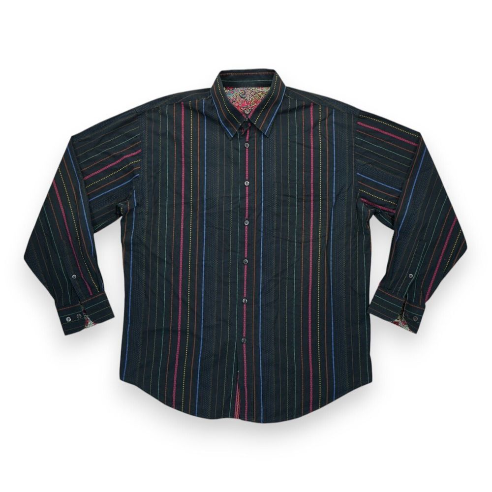 Bugatchi Uomo Men's Embroidered Multicolor Striped Size Large Long Sleeve